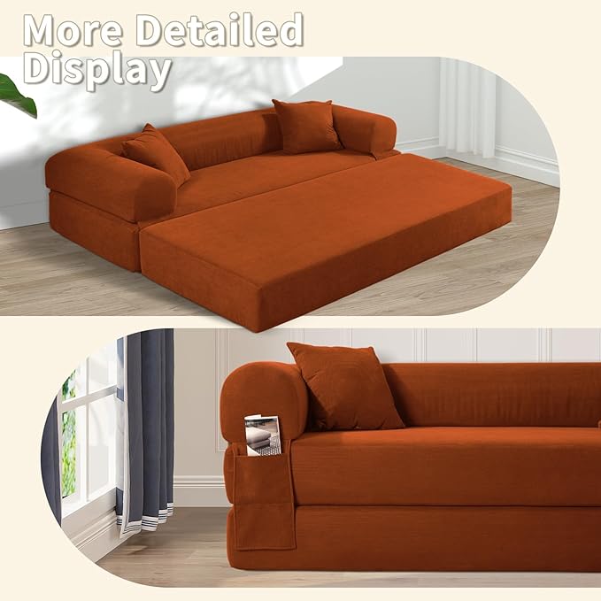 80" Convertible Sofa Bed, Corduroy Deep Seat Folding Pull Out Couch - Image 7