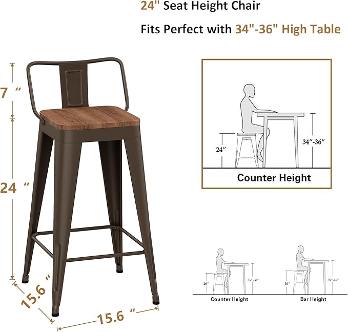 WENTMENT Industrial Rusty Bar Stools Set of 4, Wooden Seat, Removable Back - Image 2