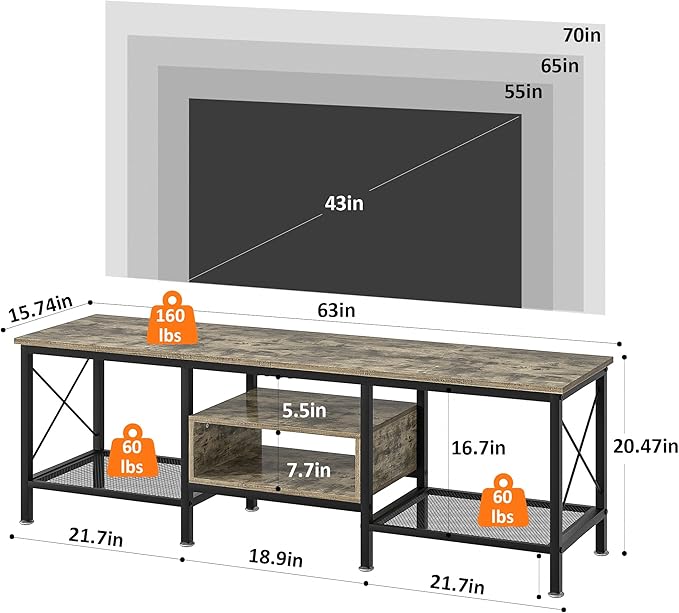 VECELO Industrial TV Stand for 70 Inch Television Cabinet 3-Tier Console - Image 6