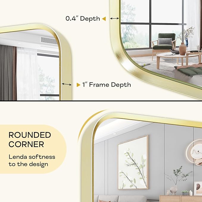 Wall Mount Mirror for Bathroom, Large Brushed Gold Metal Framed Rounded Corner - Image 2