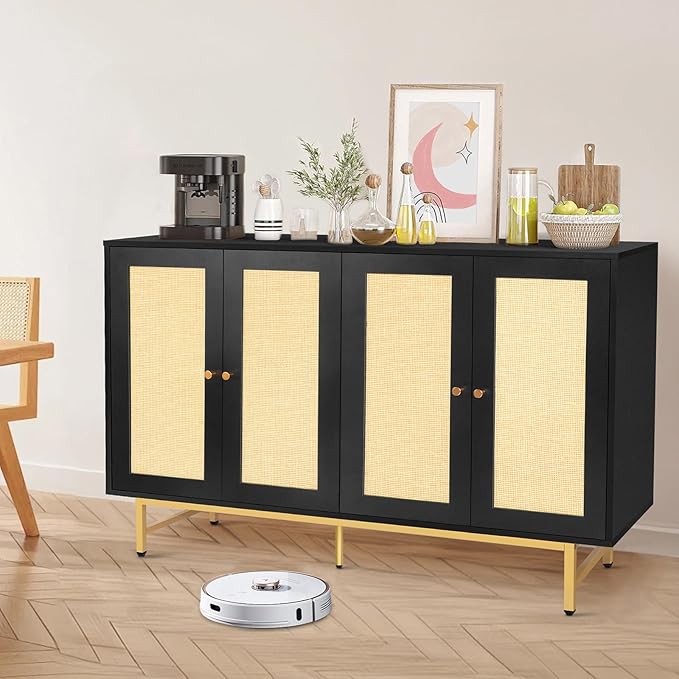 Sideboard Buffets Cabinet with 4 Rattan Doors, Large Storage Accent Cabinet - Image 7