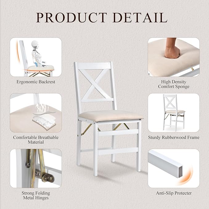 COLAMY Folding Dining Chairs Set of 2 – White Wooden Dining Room Chairs - Image 4