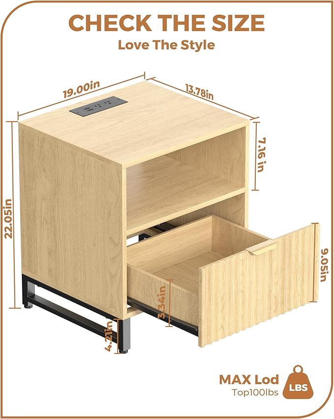 Fluted Night Stand with Charging Station, Wood Nightstand with Large Drawer and - Image 2