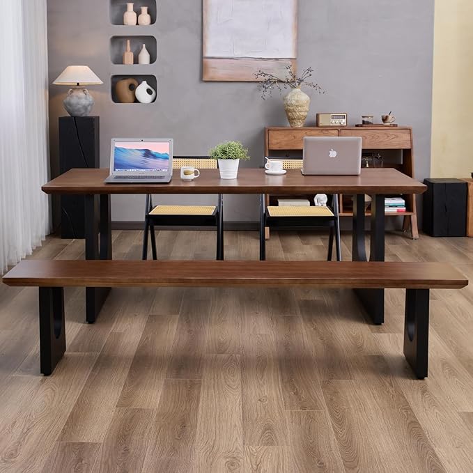 Walnut Color Long Bench Solid Wood Top Metal Legs U-Shaped Design Durable - Image 9