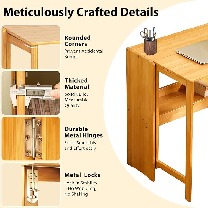 31.5" Bamboo Folding Desk, Space-Saving Computer Desk - Image 5
