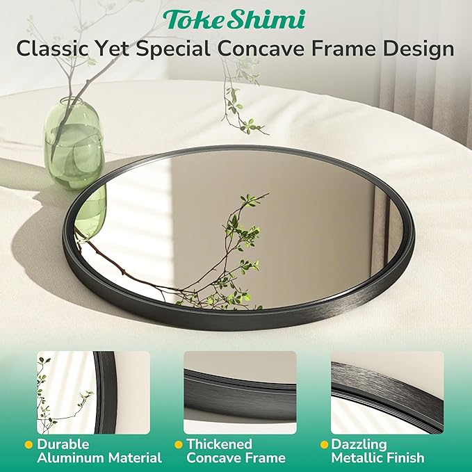 TokeShimi 16 in Round Black Bathroom Mirror Framed, Modern Circle Wall Mirror - Image 3