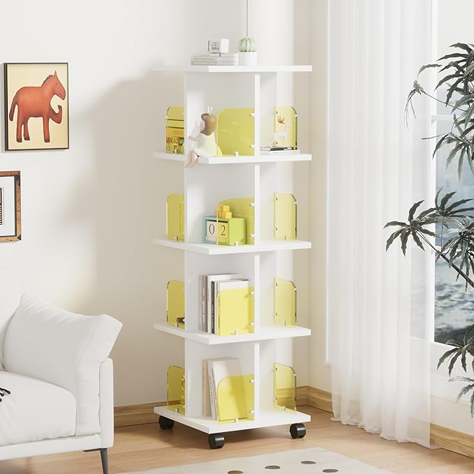VECELO Rotating Bookshelf with Brake Wheels, 360°Display 4 Tier Floor Stackable - Image 8
