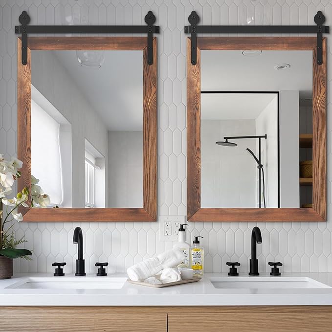 YOSHOOT Farmhouse Barn Door Mirror, Wall Mounted Vintage Mirror, Wooden - Image 3