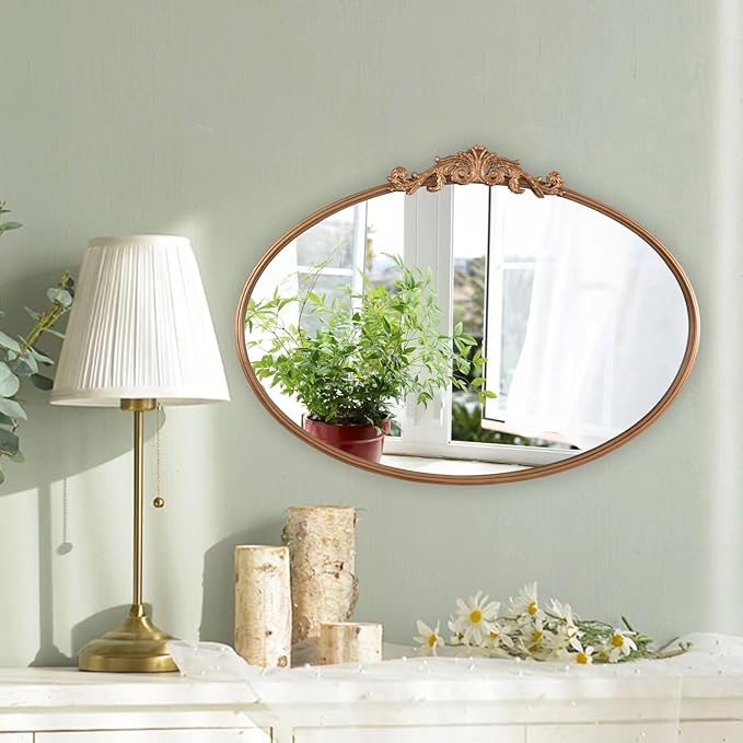 Oval Gold Mirror for Bathroom Vanity, Baroque Ornate Vintage Wall Mirror by HQiJun