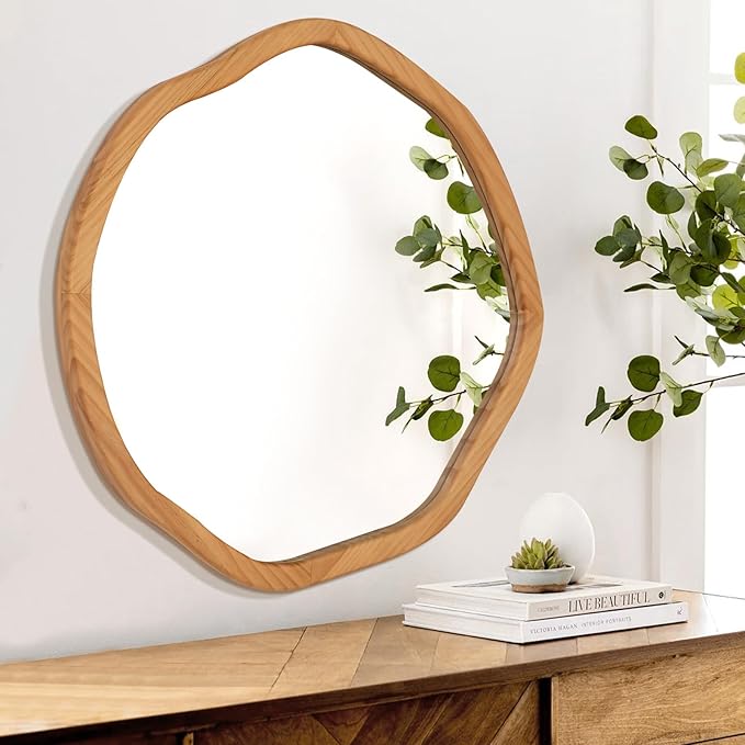 ULIKE Round Wood Mirror 24 Inch Circle Wall Mirror, Asymmetrical Bathroom - Image 7
