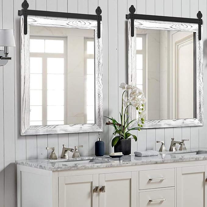 YOSHOOT Farmhouse Barn Door Mirror, Wall Mounted Vintage Mirror, Wooden - Image 5