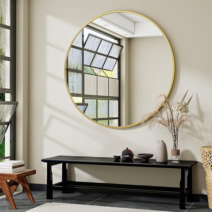 Gold Round Bathroom Mirror, 48 inch Large Circle Wall Mounted Hanging Mirror by VooBang