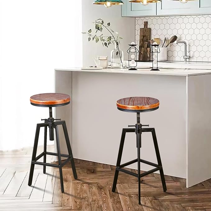 Diwhy Industrial Bar Stools, Kitchen Dining Chair, Wood Metal Stool, Adjustable - Image 2