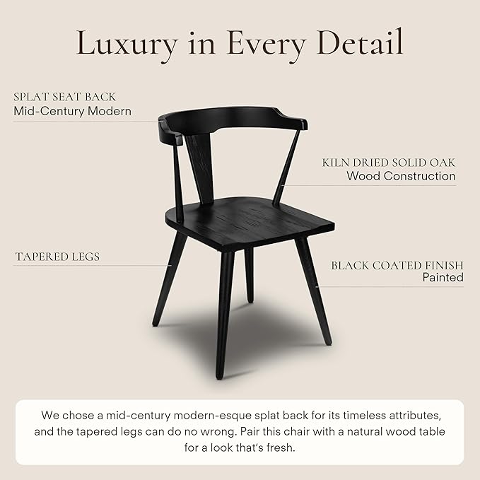 POLY & BARK Mid Century Modern Enzo Black Dining Chair – Solid Oak Wood Splat - Image 4