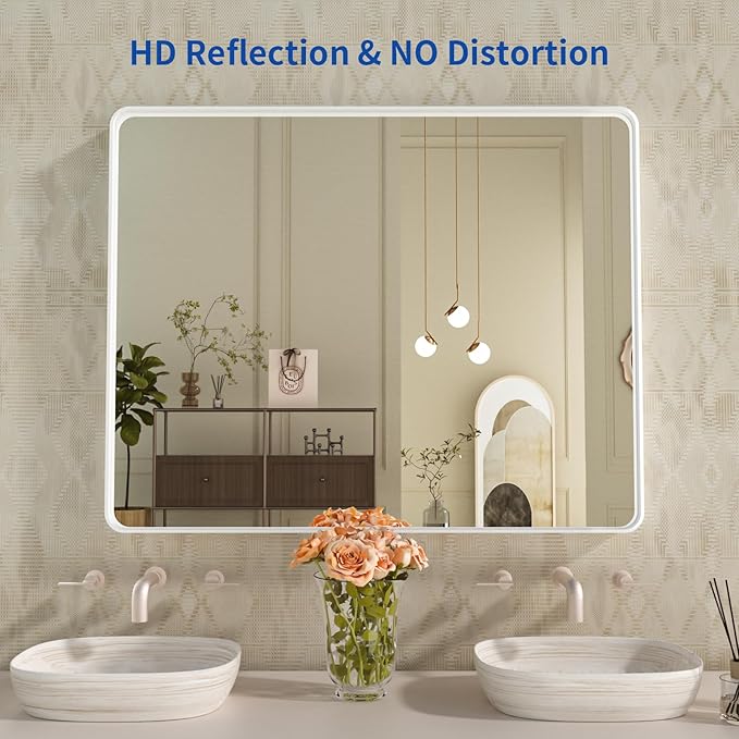 WEER White Bathroom Mirror 40X30 Inch, Rounded Rectangle White Metal Frame - Image 2