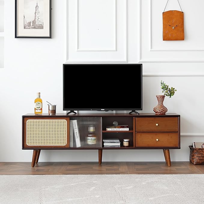 Tiita Rattan TV Stand for 55 65 Inch TV, Bamboo TV Cabinet - Image 7