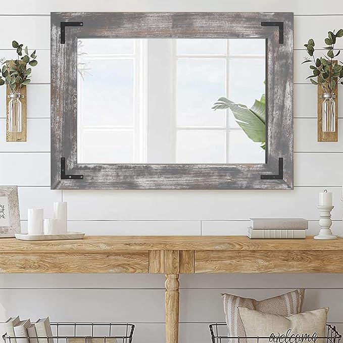 YOSHOOT Rustic Wooden Framed Wall Mirror, Natural Wood Bathroom Vanity Mirror - Image 6