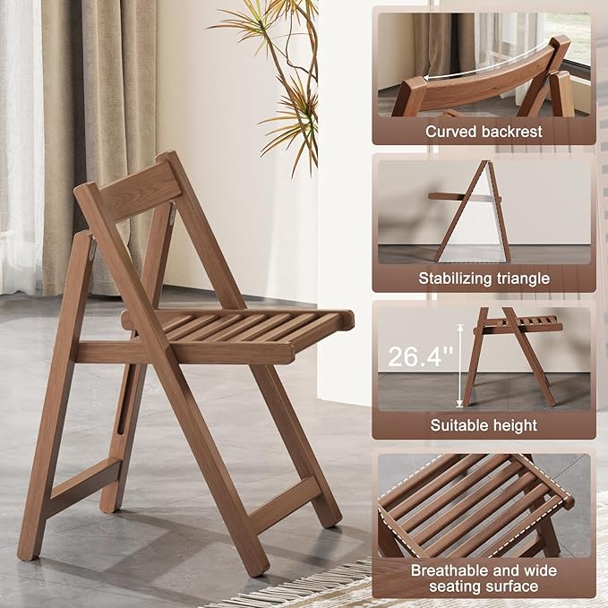 Wood Folding Chairs Set of 4, Indoor Outdoor Wooden Foldable Dining Chairs - Image 4
