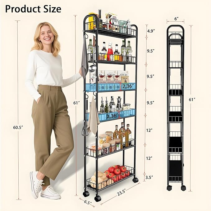 6-Tier Slim Storage Cart with Wheels, 6in Narrow Rolling Shelf, Sturdy Slim - Image 7