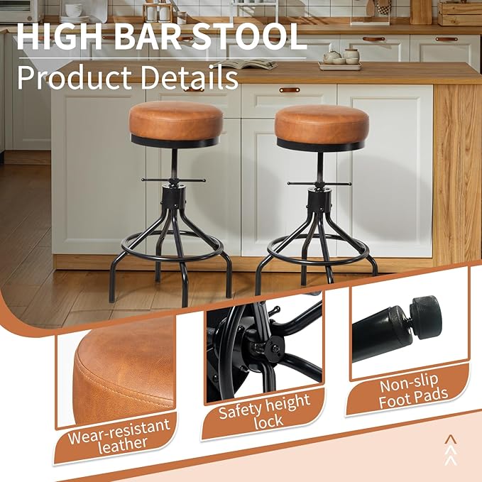 Industrial Bar Stools Set of 2 Adjustable Swivel Round Barstools Modern PU - Image 6