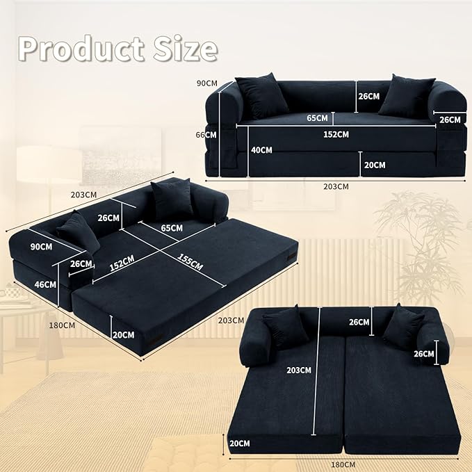 80" Convertible Sofa Bed, Corduroy Deep Seat Folding Pull Out Couch - Image 3