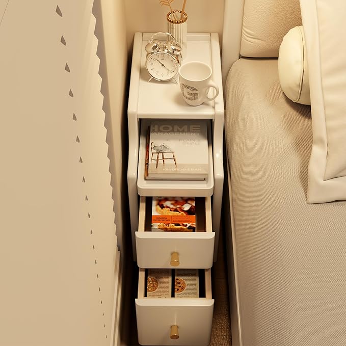 Narrow Nightstand with Drawers, Wood Bedside Table, Small White Nightstand Set - Image 6