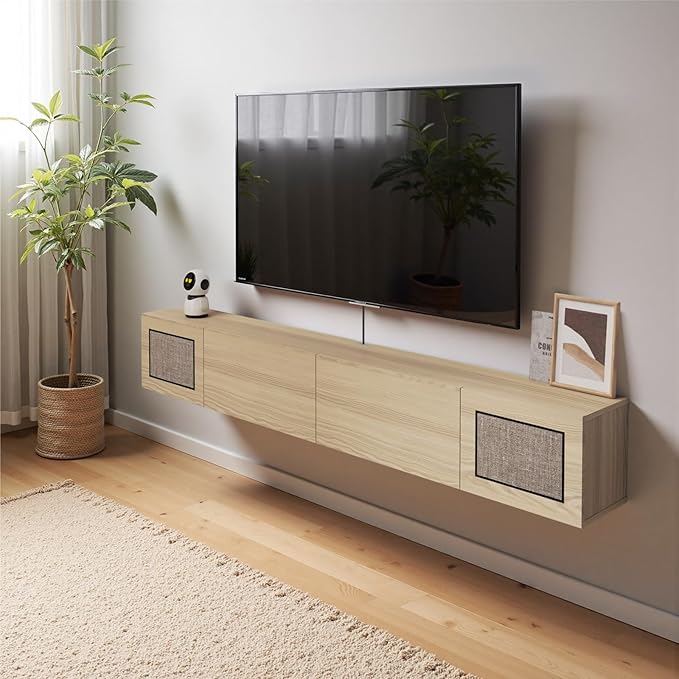 Pmnianhua Boho Floating TV Stand 94", Modern Wall Mounted Media Console by Pmnianhua