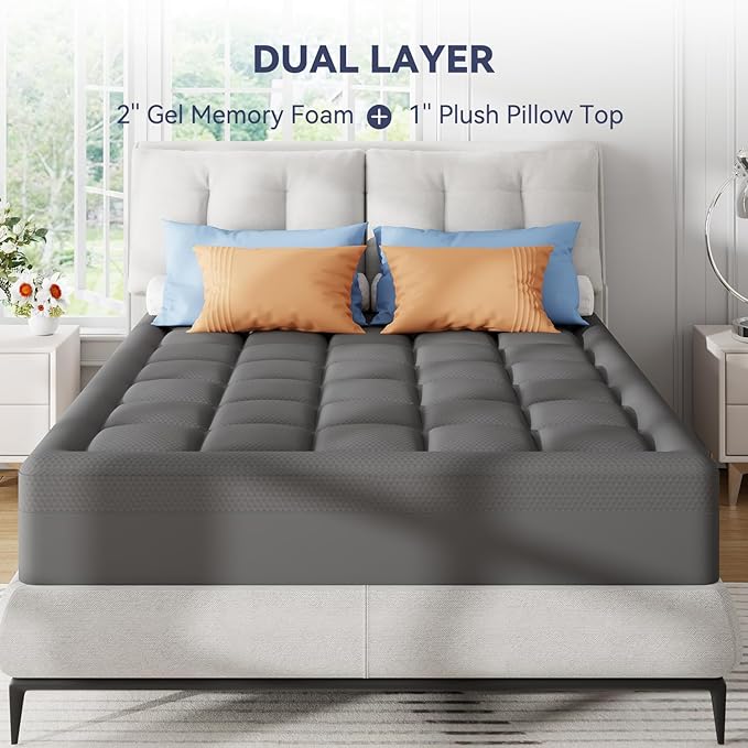 ELEMUSE 3 Inch Dual Layer Memory Foam Mattress Topper King, 2 Inch Cooling Gel - Image 6