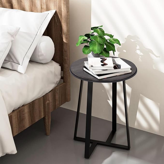 Round End Table, Small Side Table Grey Color MDF Top, Metal Frame Black - Image 3