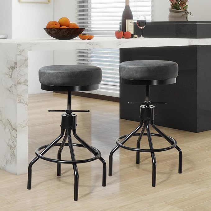 Grey Swivel Bar Stools Set of 2 Adjustable Swivel Round Barstools Modern PU - Image 7