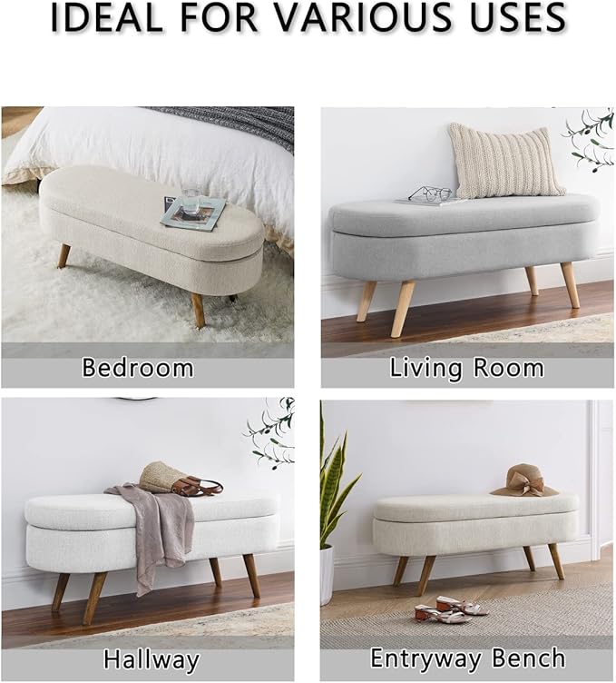 Oval Storage Bench 43.5" Linen Fabric Upholstered Entryway Bench - Image 6