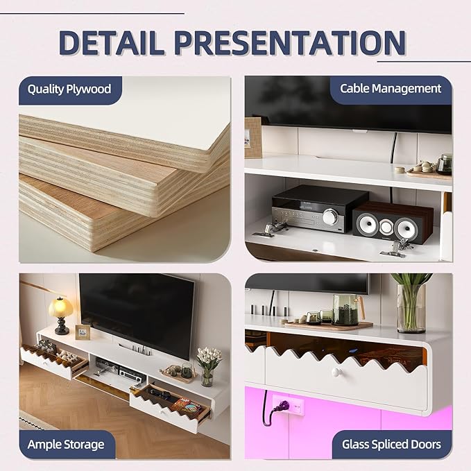 Floating TV Stand, 70IN Fully-Assembled Wall Mounted Wave Glass - Image 5