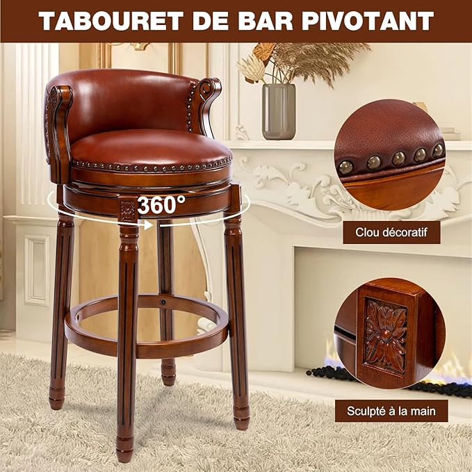 Cow top Leather Wooden Bar Stools, 180 Degrees Swivel Barstools Chair - Image 8