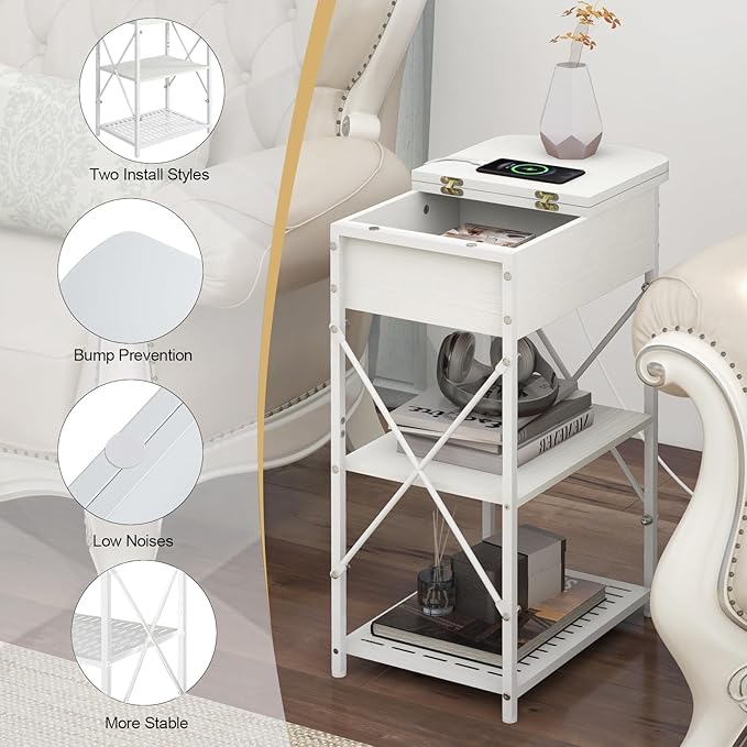 Narrow End Table with Charging Station, Side Tables Set of 2 - Image 5