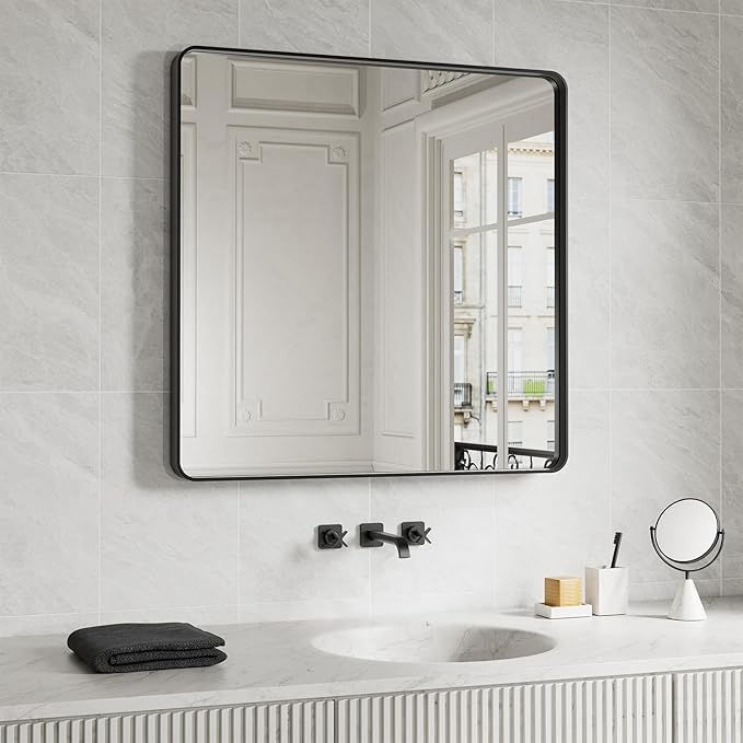 Black Bathroom Mirror 38X38 Inch, Rounded Rectangle Matte Bathroom Vanity Mirror by JISOSO