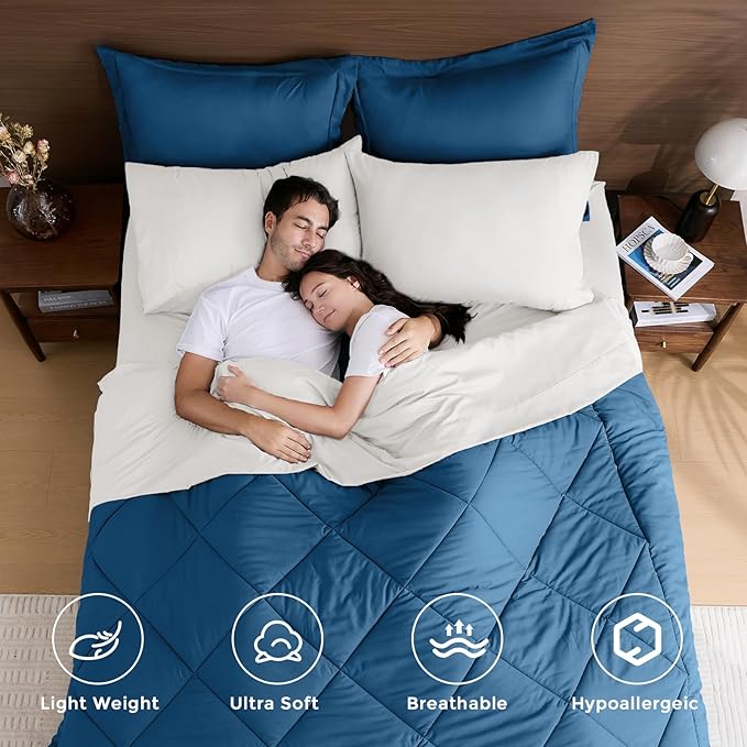 HEVUMYI Teal Blue & Ivory Queen Comforter Set - Image 2