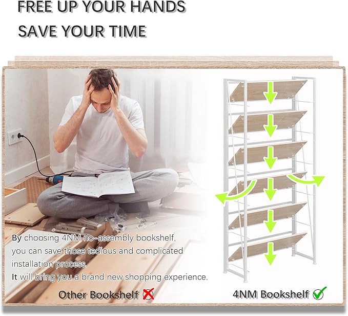 4NM No Assembly Folding Bookshelf, 6-Shelf 74" H Collapsible Foldable Bookcase - Image 7