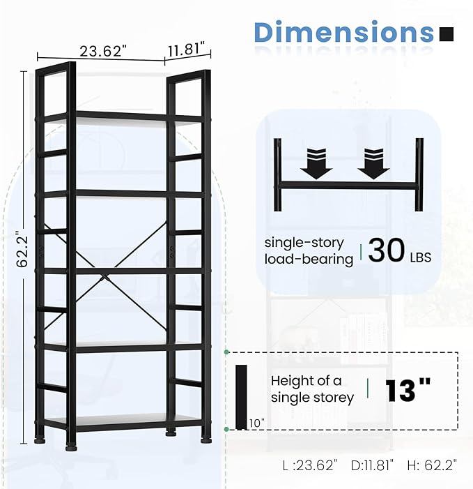 DUMOS 5 Tiers Bookshelf, Classical Book Shelf, Tall Display Shelves in Living - Image 2