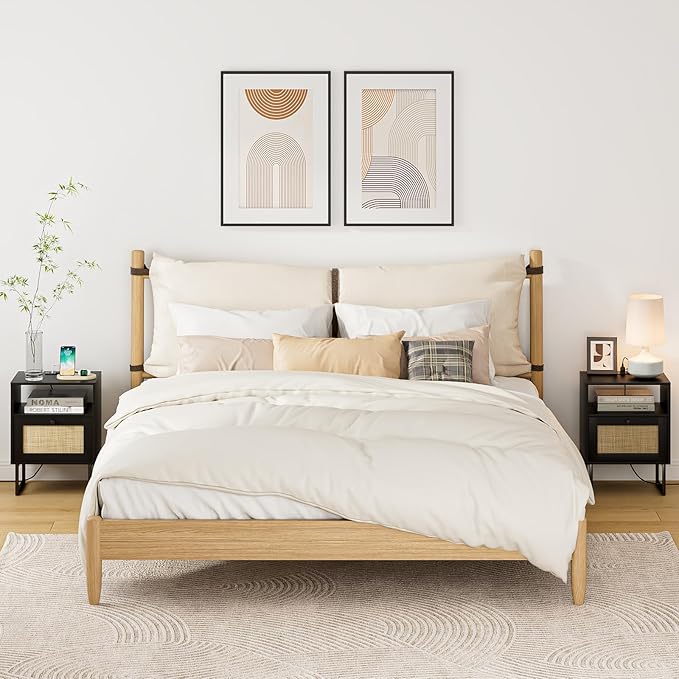 Rattan Nightstand with Charging Station, Mid Century Modern Night Stand - Image 6
