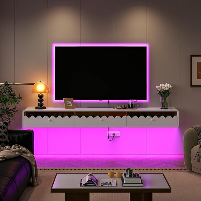 Floating TV Stand, 86IN Fully-Assembled Wall Mounted Wave Glass - Image 8