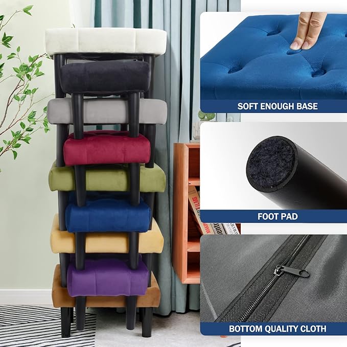 HOUCHICS Small Footstool Ottoman, Velvet Wooden Foot Stool Ottoman - Image 3