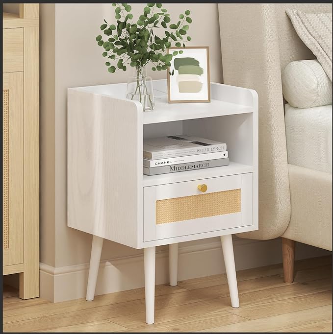 Nightstand Rattan with Charging Station, Mid Century Modern Bed Side Table - Image 6