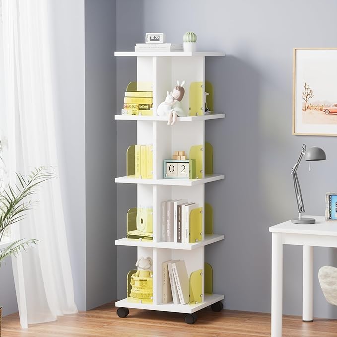 VECELO Rotating Bookshelf with Brake Wheels, 360°Display 4 Tier Floor Stackable - Image 7
