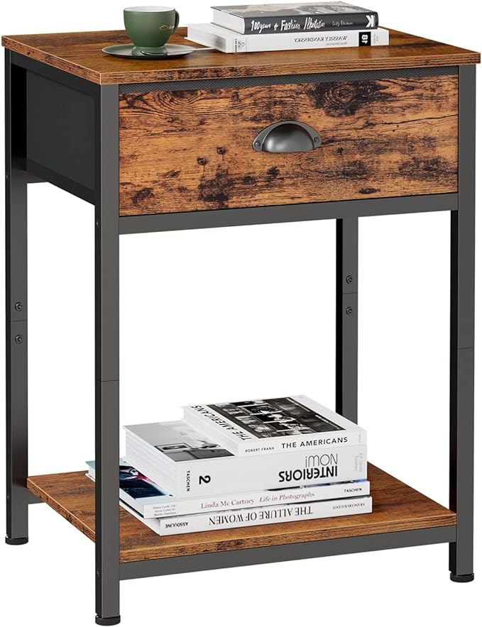 Furologee End Table with Storage Shelf and Fabric Drawer, 2 Tiers Industrial by Furologee