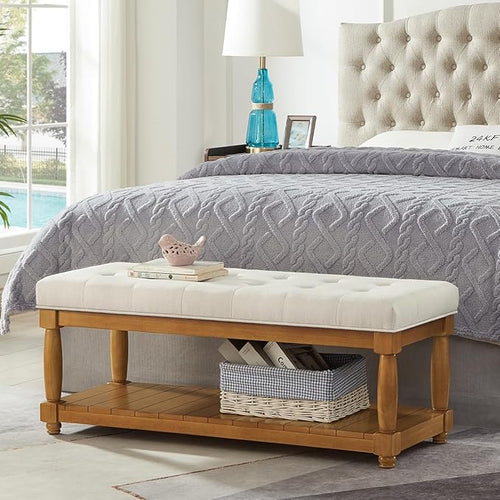 24KF Large Rectangular Upholstered Tufted Bed Bench, Linen Fabric Storage by WEMARTHOMEDECOR