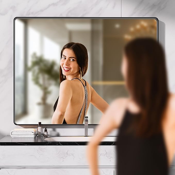 Hasipu Black Bathroom Mirror for Wall, 72 x 32 Inch Metal Framed Bathroom - Image 3