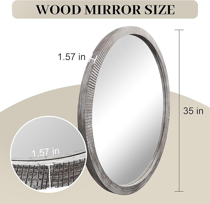 35" Round Wood Mirror, Large Wooden Round Mirror, Wood Round Mirrors - Image 3