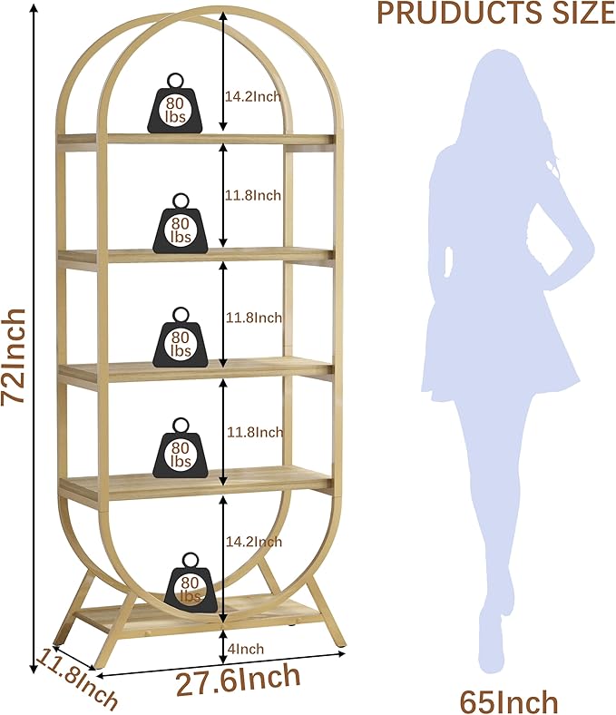 Bookshelf Arched Bookcase Set 2, 5 Tier Open Freestanding Display Shelf - Image 2