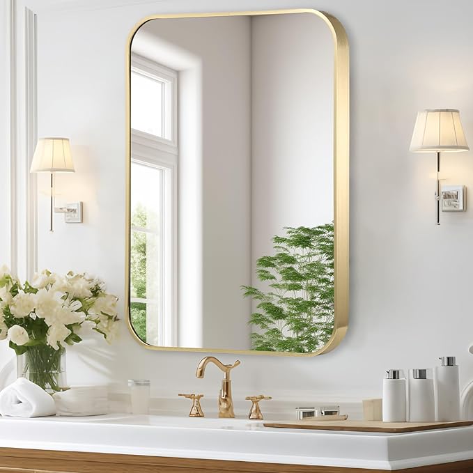 Gold Bathroom Mirror, 40x30 Inch Brushed Gold Mirror, Aluminum Alloy Framed by CLBA