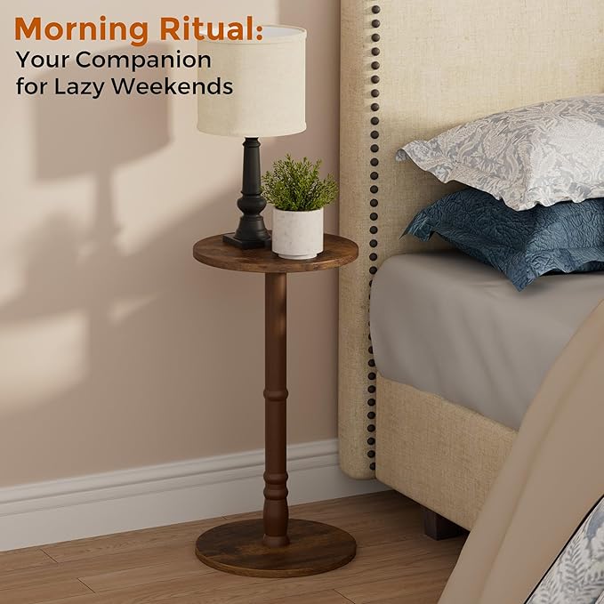 Round Side Tables Set of 2, Solid Wood Pillar - Image 5